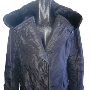 Evoluzione by Rosa Mori Black Winter Coat with Rabbit Fur Collar L